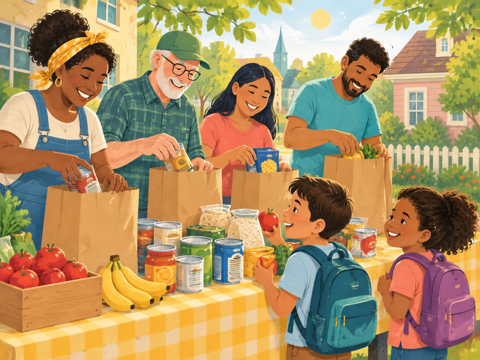 Neighbors of all ages packing paper grocery bags with pantry food at a sunny outdoor table while two children with backpacks watch.