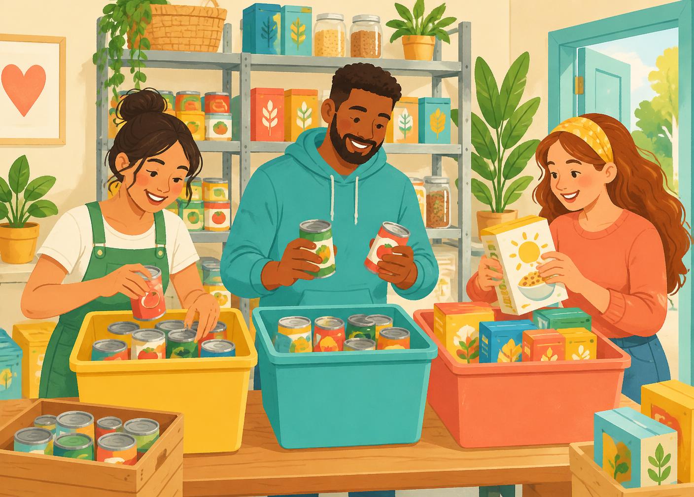 Three volunteers sorting cans and cereal boxes into colorful bins inside a bright pantry.